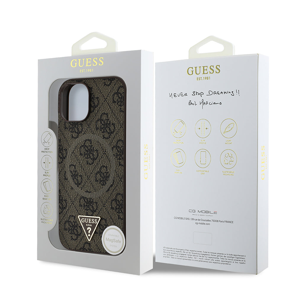 Guess iPhone 15 Orjinal Lisanslı M-safe Şarj Özellikli PU Üçgen Logo 4G Desenli Kılıf Guess iPhone 15 Orjinal Lisanslı M-safe Şarj Özellikli PU Üçgen Logo 4G Desenli Kılıf
